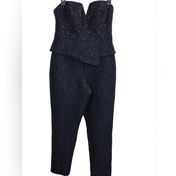 Adrianna Papell Formal Midnight Blue Cloque Jaquard Jumpsuit